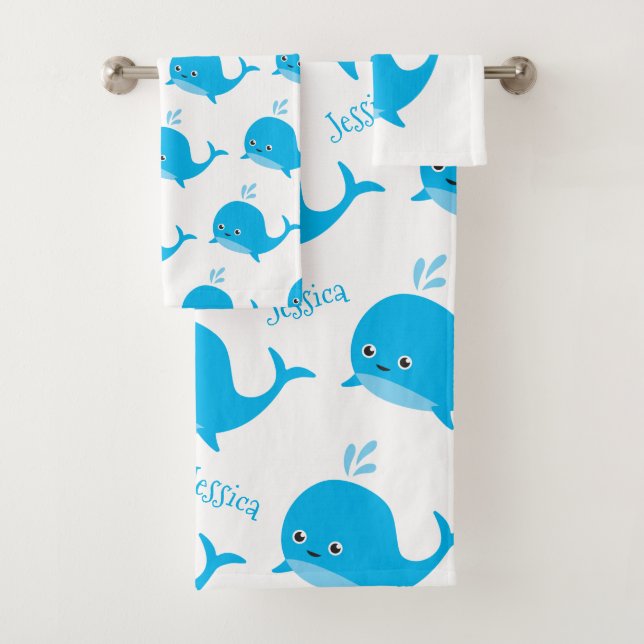 Cute Baby Whale with Custom Name Bath Towel Set (Insitu)