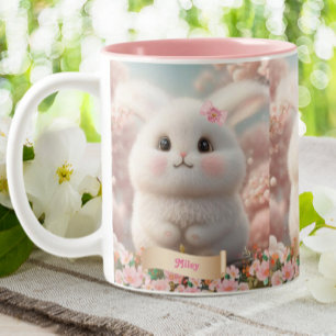 Cute Baby White Rabbit Pink Garden Personalized  Two-Tone Coffee Mug