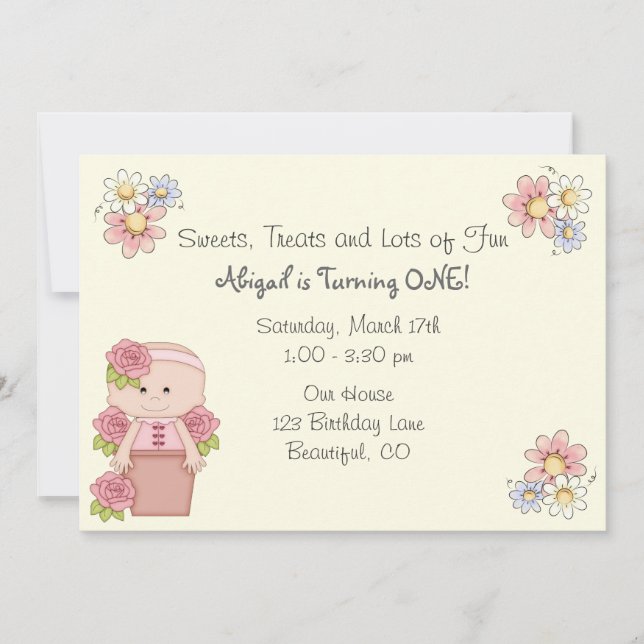 Cute Baby with Roses in Flower Pot 1st Birthday Invitation (Front)