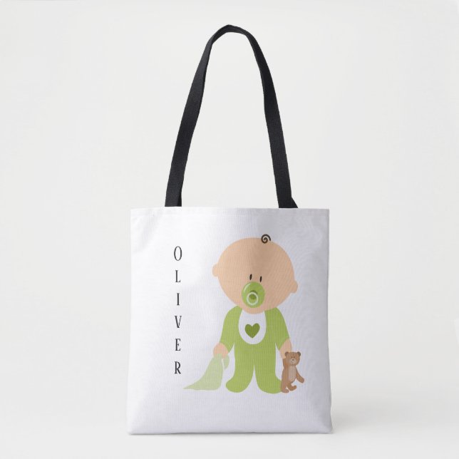 Cute Baby with Teddy Bear Personalise Diaper Tote Bag (Front)