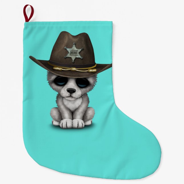 Cute Baby Wolf Sheriff Large Christmas Stocking (Front)