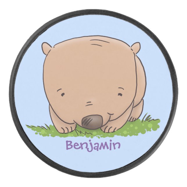 Cute baby wombat cartoon illustration hockey puck (Front)