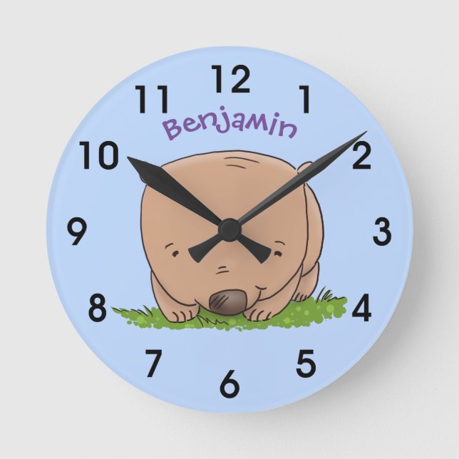 Cute baby wombat cartoon illustration round clock (Front)
