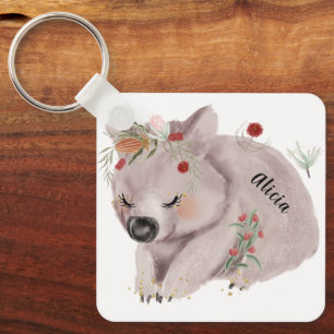 Cute Baby Wombat Gold Speckle Custom Name Key Ring