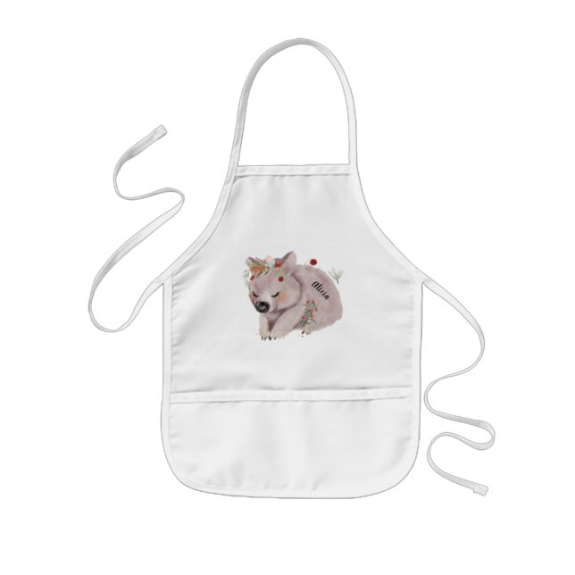 Cute Baby Wombat Gold Speckle Custom Name Kids Apron (Front)