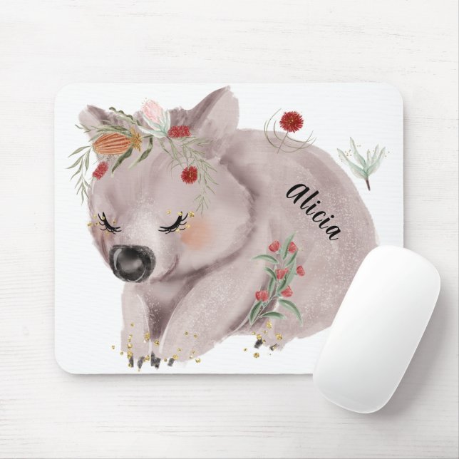Cute Baby Wombat Gold Speckle Custom Name Mouse Mat (With Mouse)