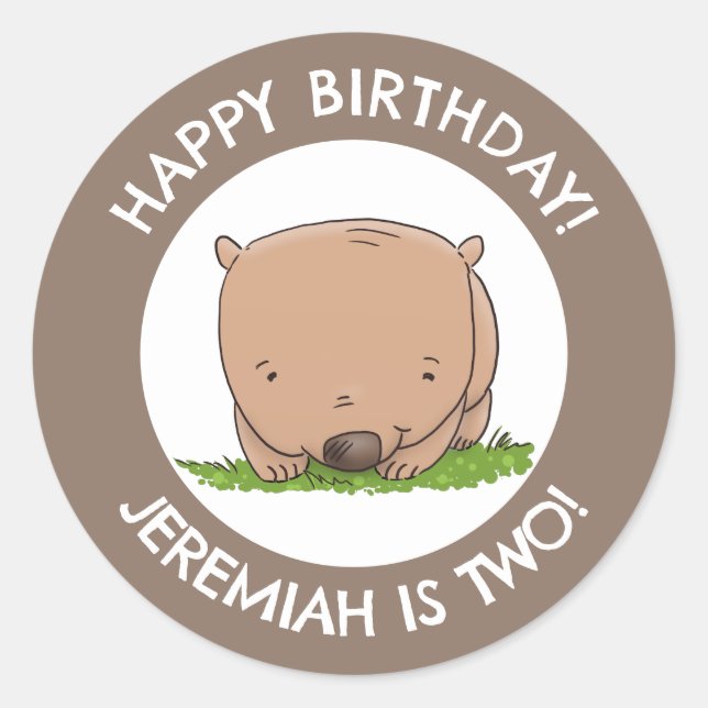 Cute baby wombat personalised cartoon birthday classic round sticker (Front)