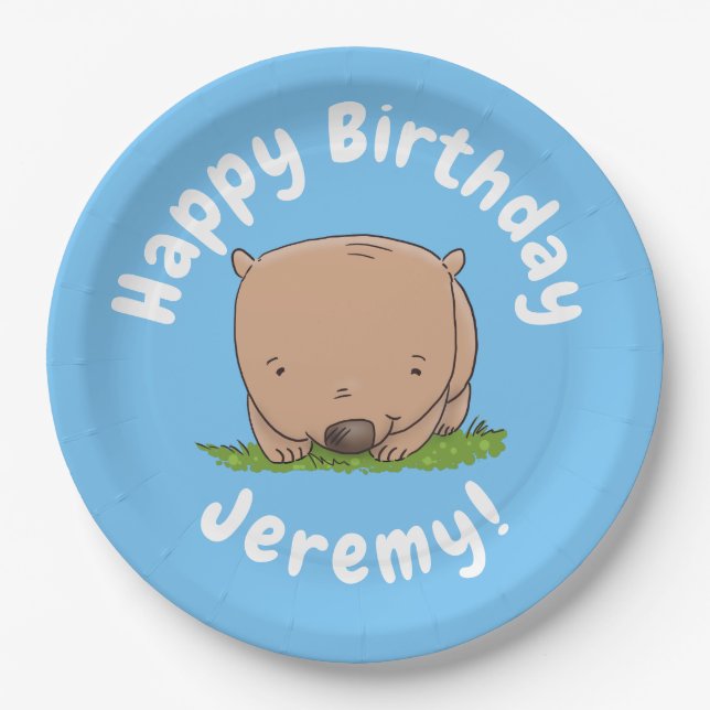 Cute baby wombat personalised cartoon birthday paper plate (Front)