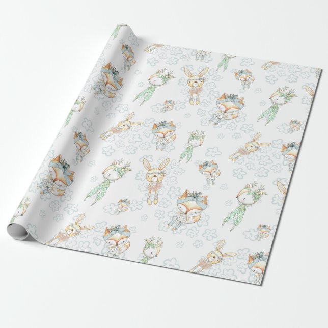 Cute Baby Woodland Forest Animals Fox Bunny Wrapping Paper (Unrolled)