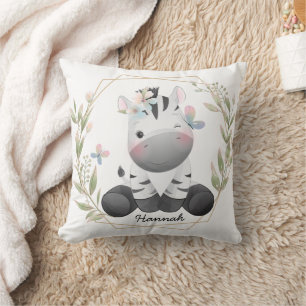 Cute Baby Zebra Flower Wreath Custom Name Cushion