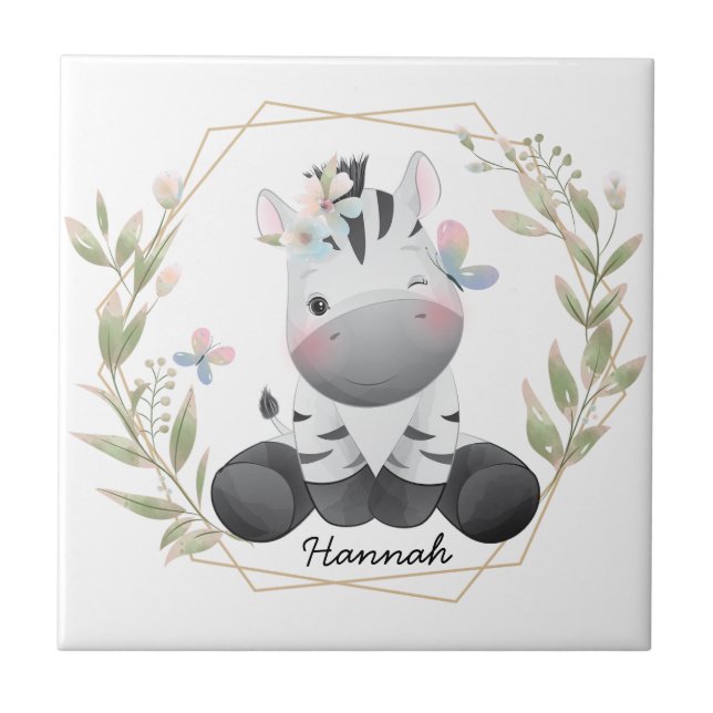 Cute Baby Zebra Flower Wreath Custom Name      Tile (Front)
