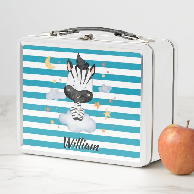 Cute Baby Zebra on Clouds Stars Moon Blue Stripes Metal Lunch Box (In Situ)