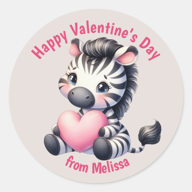 Cute Baby Zebra Pink Heart Valentine Classic Round Sticker (Front)