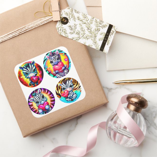 Cute Baby Zebras with Hearts Square Sticker (Gifting)