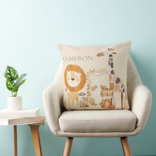 Cute Baby Zoo Animals Custom Name Beige Cushion