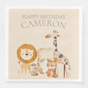Cute Baby Zoo Animals Custom Name Beige Napkin