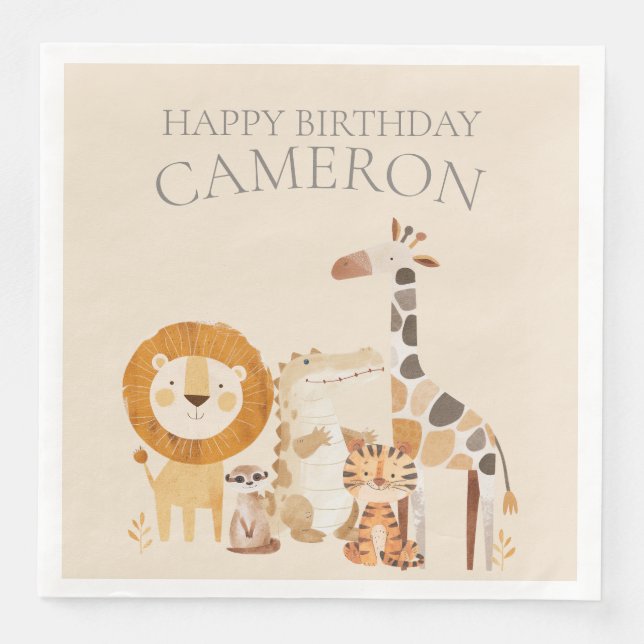 Cute Baby Zoo Animals Custom Name Beige Napkin (Front)