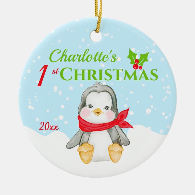 Cute Baby's 1st Christmas Penguin Photo  Ceramic Tree Decoration (Front)