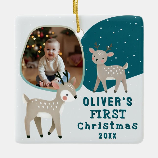Cute Baby's 1st Christmas Photo Reindeer Ceramic Ornament (Front)