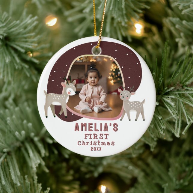 Cute Baby's 1st Christmas Photo Reindeer Ceramic Tree Decoration (Tree)