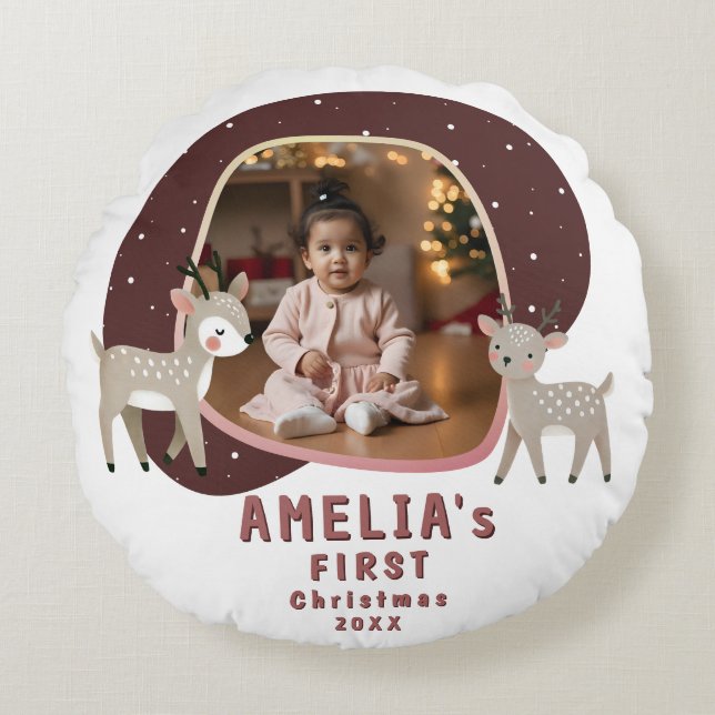 Cute Baby's 1st Christmas Photo Reindeer Round Cushion (Front)