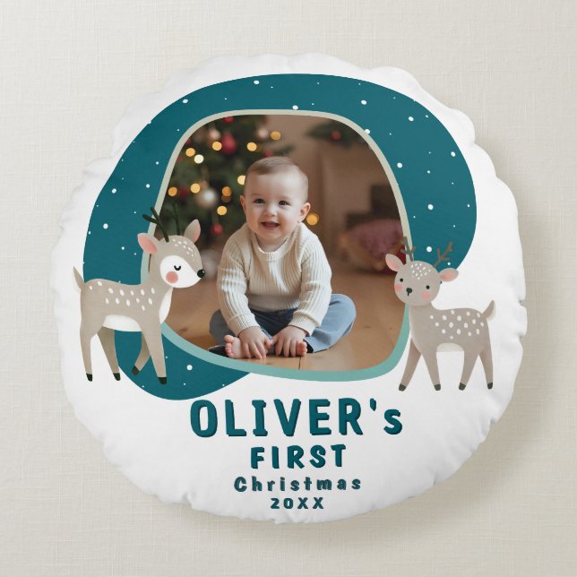 Cute Baby's 1st Christmas Photo Reindeer Round Cushion (Front)
