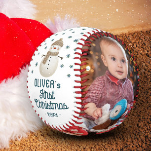 Cute Baby's 1st Christmas Snowman 2 Photo Baseball