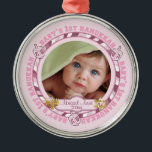 Cute Baby's 1st Hanukkah Dreidels Photo Name Metal Metal Tree Decoration<br><div class="desc">Sweet photo design featuring the words "Baby's 1st Hanukkah" in the round interspersed with dreidel toys in a pink on pink color theme for a baby girl. Baby's name and year for you to personalize is flanked on either side with a Menorah and the Star of David (removeable object images)....</div>