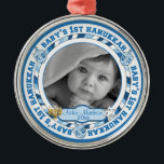 Cute Baby's 1st Hanukkah Dreidels Photo Name Metal Tree Decoration<br><div class="desc">Sweet photo design featuring the words "Baby's 1st Hanukkah" in the round interspersed with dreidel toys. Baby's name and year for you to personalize is flanked on either side with a Menorah and the Star of David (removeable object images). Commemorate this momentous occasion with a keepsake you can cherish for...</div>