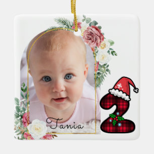 Cute Baby's 2nd Christmas Two Photo floral frame Ceramic Ornament