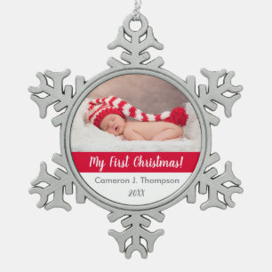 Cute Baby's first christmas baby photo keepsake Snowflake Pewter Christmas Ornament