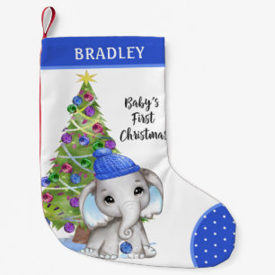 Cute BABY'S FIRST CHRISTMAS Boy Elephant Blue Small Christmas Stocking