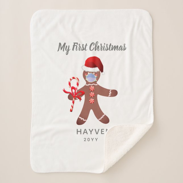 Cute Babys First Christmas Gingerbread Monogram Sherpa Blanket (Front)