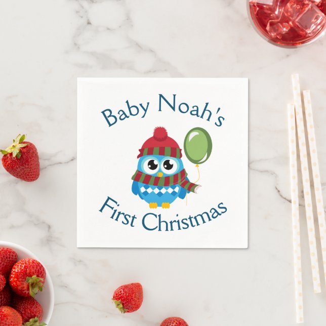 Cute Baby's First Christmas Owl & Balloon Napkin (Insitu)