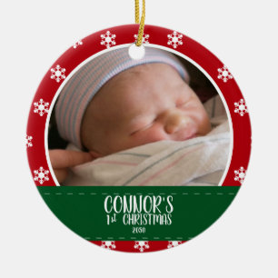 Cute Babys First Christmas Photo Red Snowflake Ceramic Tree Decoration