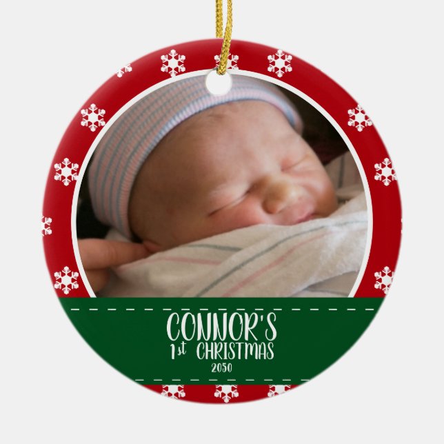 Cute Babys First Christmas Photo Red Snowflake Ceramic Tree Decoration (Front)