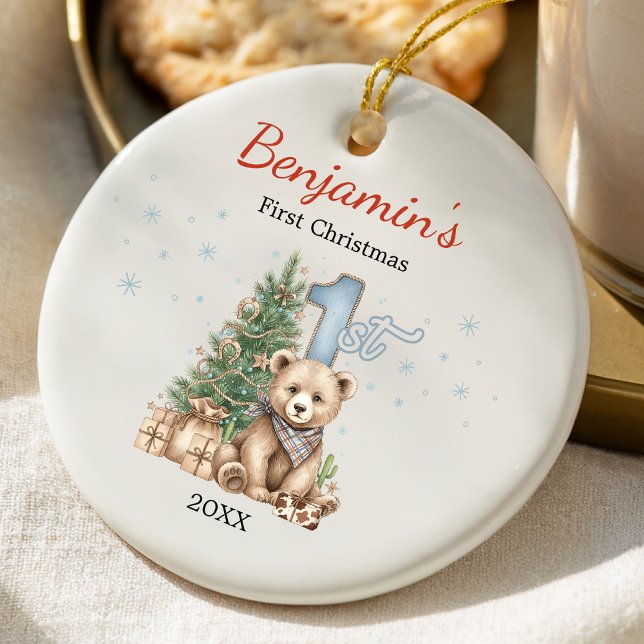 Cute baby's first Christmas tree blue teddy bear Ceramic Tree Decoration (Creator Uploaded)