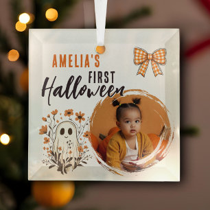 Cute Baby's First Halloween Ghost Photo  Glass Tree Decoration