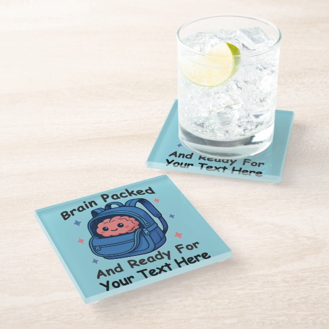 Cute Back-to-School Customisable “Brain Ready" Glass Coaster (Angled)