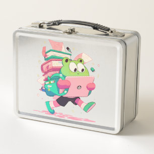 Cute Back to School Frog with Books and Backpack Metal Lunch Box