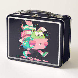 Cute Back to School Frog with Books and Backpack Metal Lunch Box