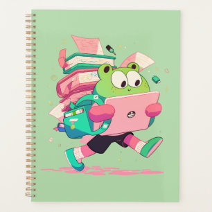 Cute Back to School Frog with Books and Backpack Planner