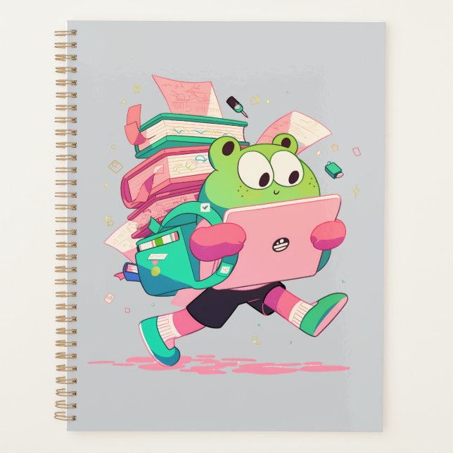 Cute Back to School Frog with Books and Backpack Planner (Front)