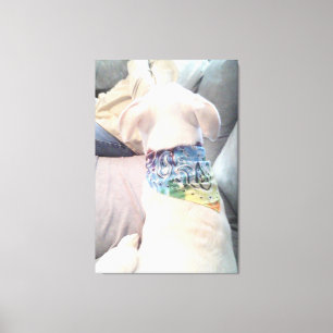 Cute Back View of White Dog Wearing Colourful Scar Canvas Print