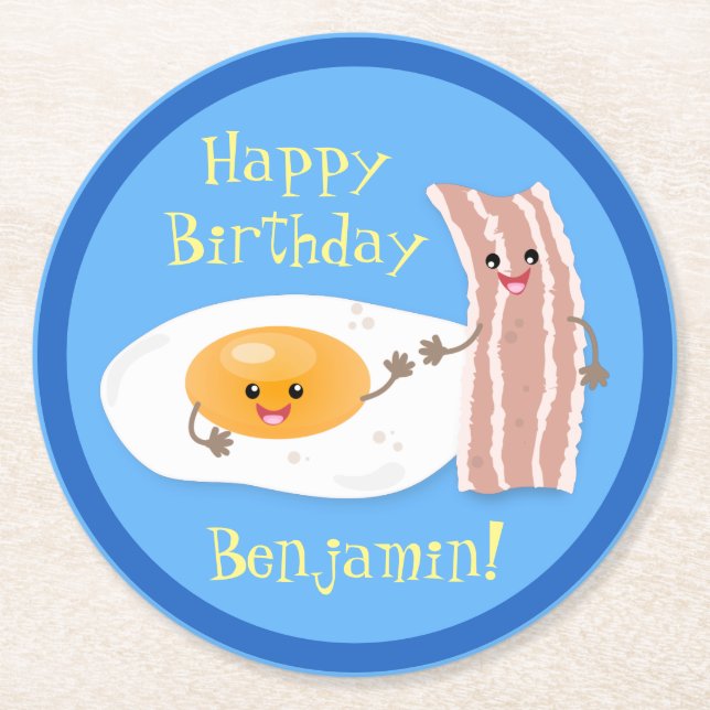 Cute bacon and egg cartoon illustration round paper coaster (Front)