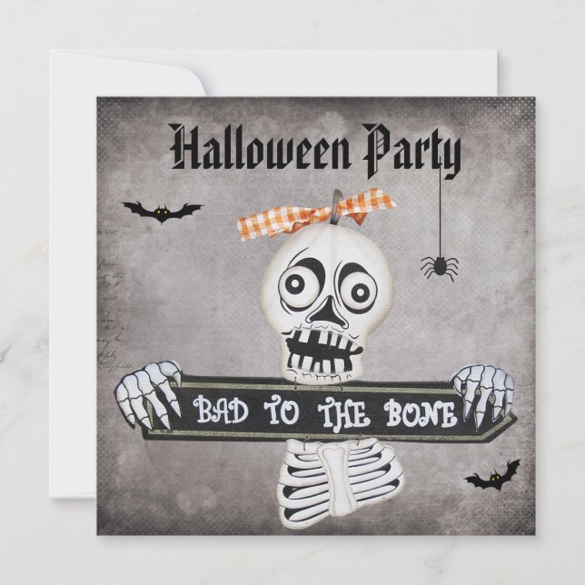 Cute Bad to the Bone Damask Halloween Party Invitation (Front)