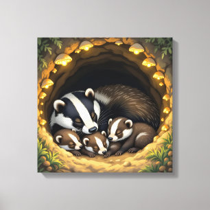 Cute  Badger Family Napping Canvas Print