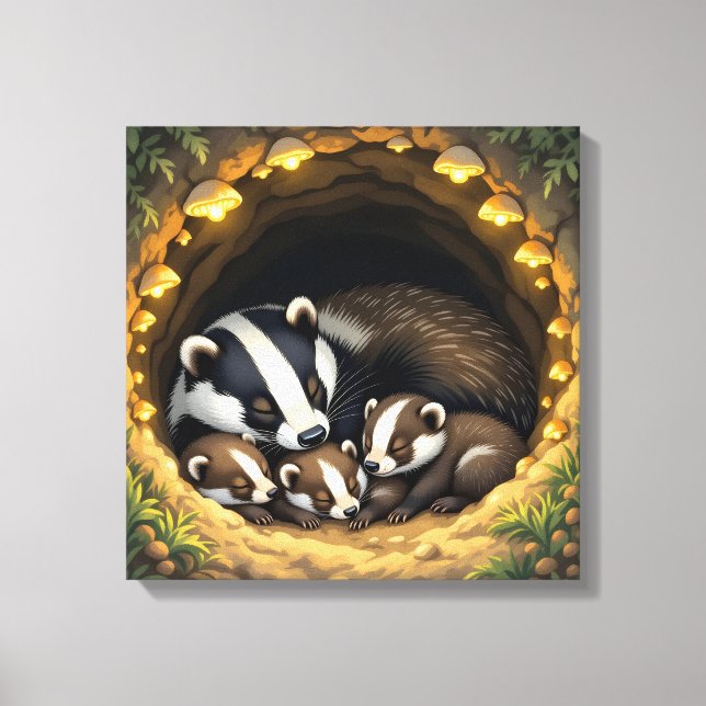 Cute  Badger Family Napping Canvas Print (Front)