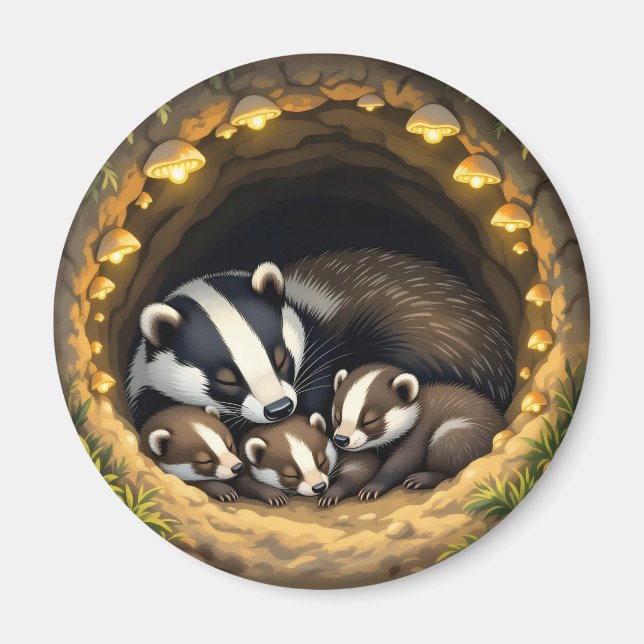 Cute  Badger Family Napping Magnet (Front)