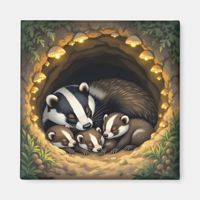 Cute  Badger Family Napping Magnet (Front)